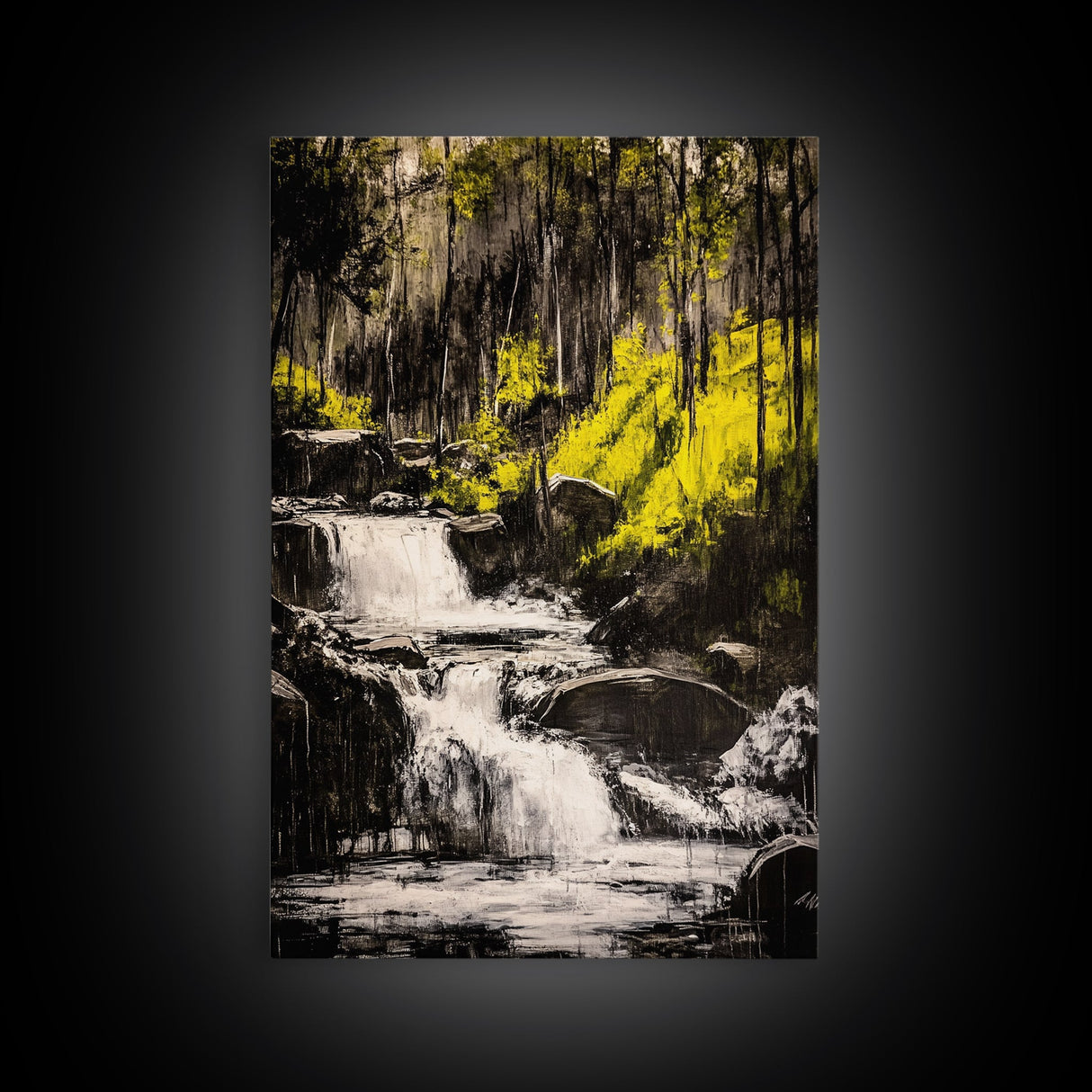 Forest Waterfall, Nature Wall Art, Serene Landscape, Green and Black Art, Tranquil Home Decor, Framed Canvas Print, Bedroom Wall Art