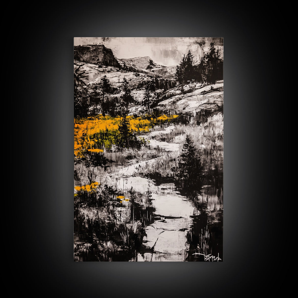 Mountain Path, Black and White Landscape, Dramatic Nature Painting, Wilderness Wall Art, Framed Canvas Print, Rustic Lodge or Office Decor