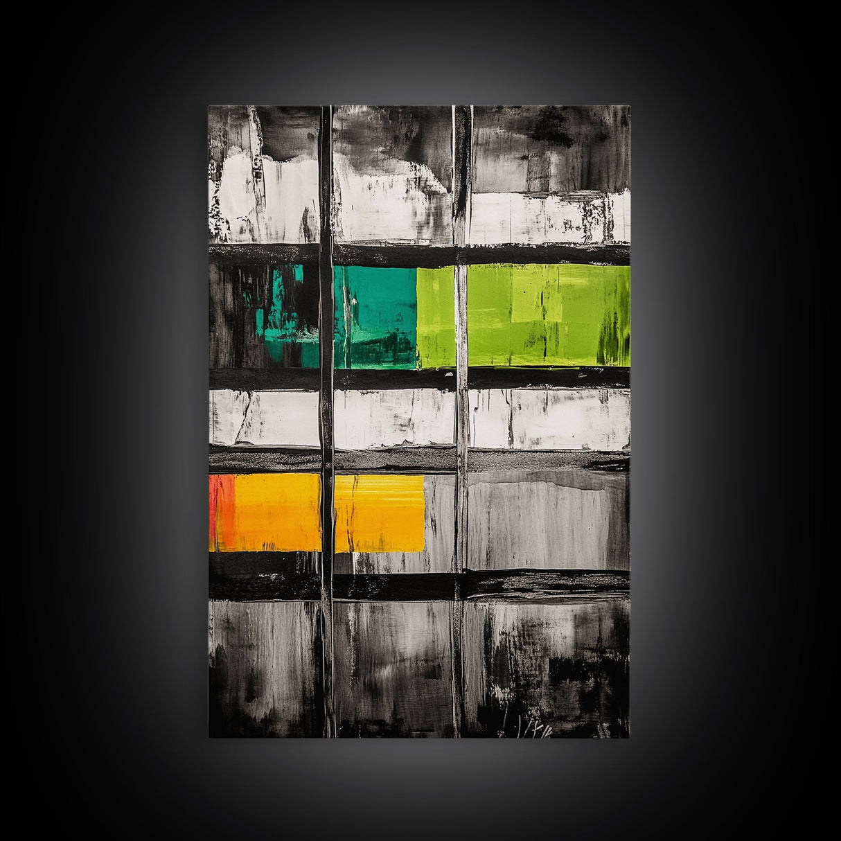 Modern Window Abstract, Black and White with Green and Yellow, Geometric Wall Art, Contemporary Interior Design, Framed Canvas Print