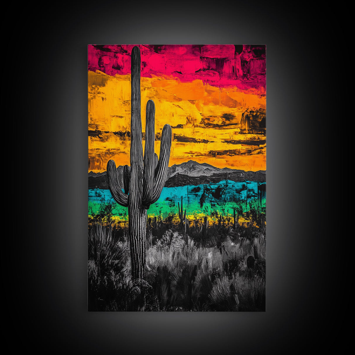 Desert Cactus, Vibrant Sunset Southwest Painting, Bold Desert Art, Framed Canvas Print, Western Home or Office Wall Decor