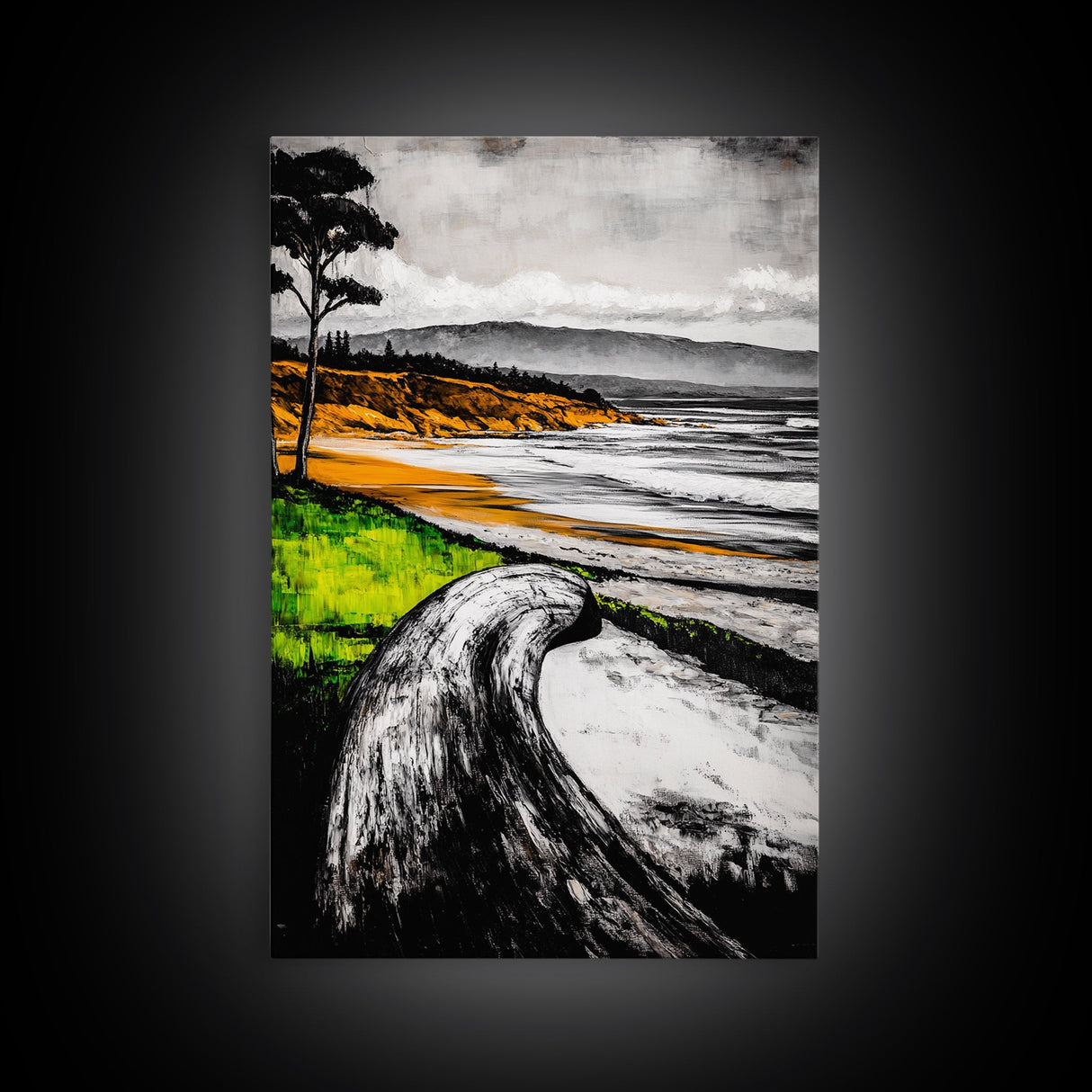 Driftwood Shore, Ocean Beach Wall Art, Modern Coastal Decor, Nature Seascape Print, Tranquil Waves, Framed Canvas Print