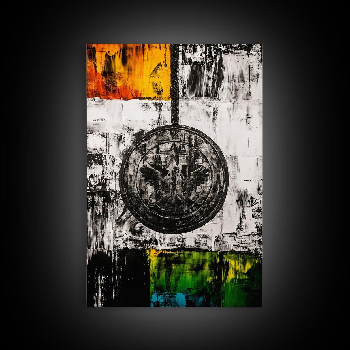 Military Emblem, Abstract, Grunge Art, Symbolic Print, Framed Canvas Print, Office Wall Decor, Patriotic Art, Industrial Style