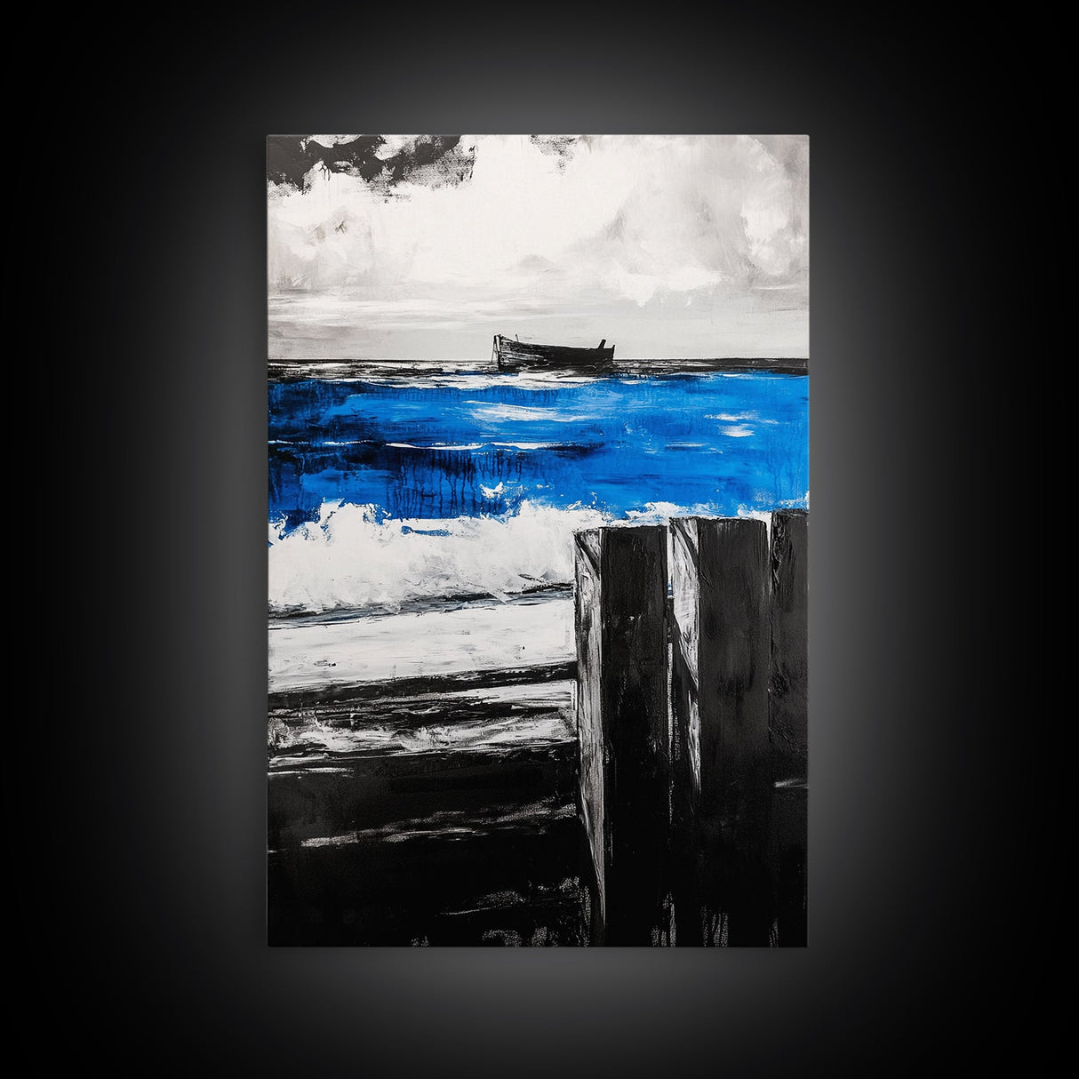 Shipwreck, Abandoned Boat, Blue Ocean, Dramatic Scene, Framed Canvas Print, Rustic Wall Art, Nautical Decor, Adventure Themed Art