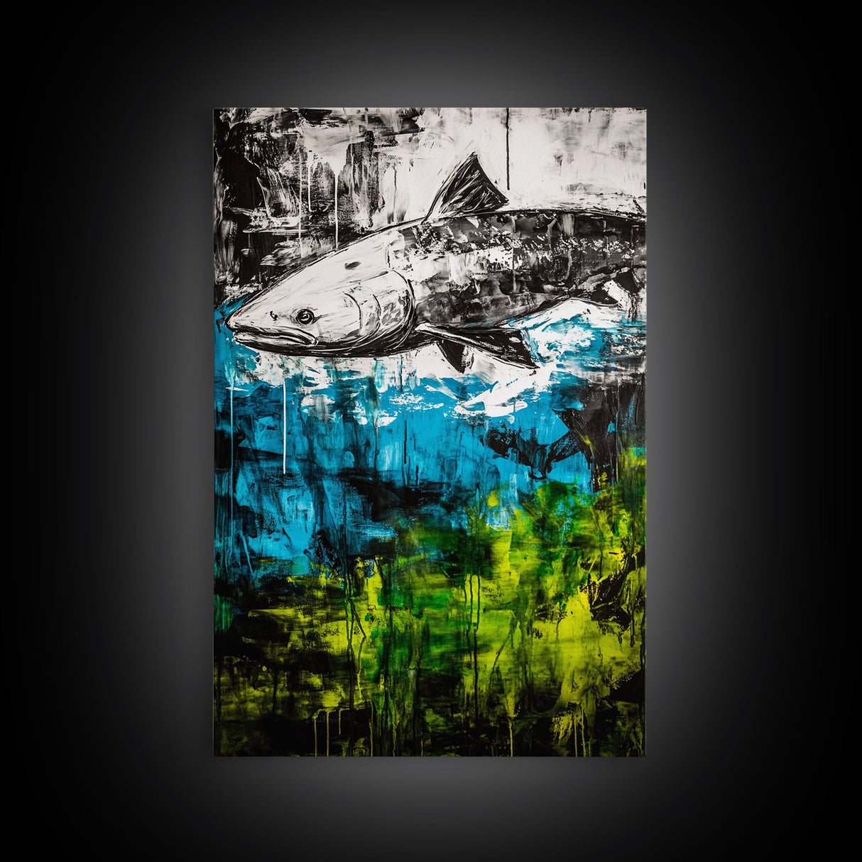 Fish Underwater, Blue Green Art, Abstract Ocean, Framed Canvas Print, Living Room Decor, Coastal Wall Art, Nautical Home Decor