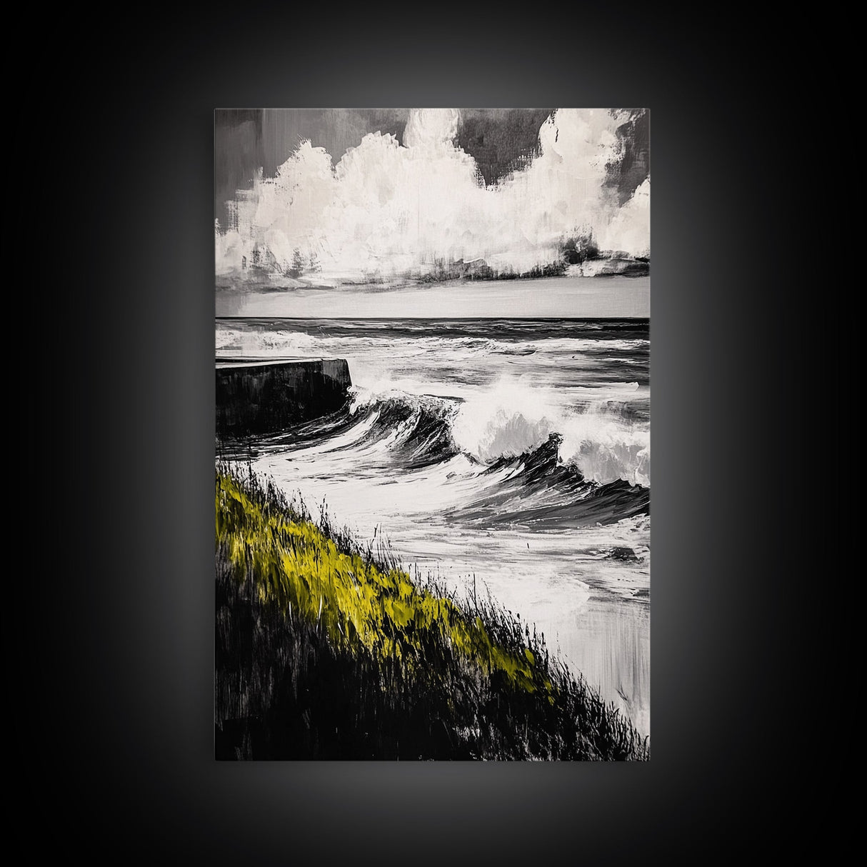 Ocean Waves Art, Black and White Seascape, Coastal Home Decor, Minimalist Beach Scene, Tranquil Water Wall Print, Framed Canvas Print