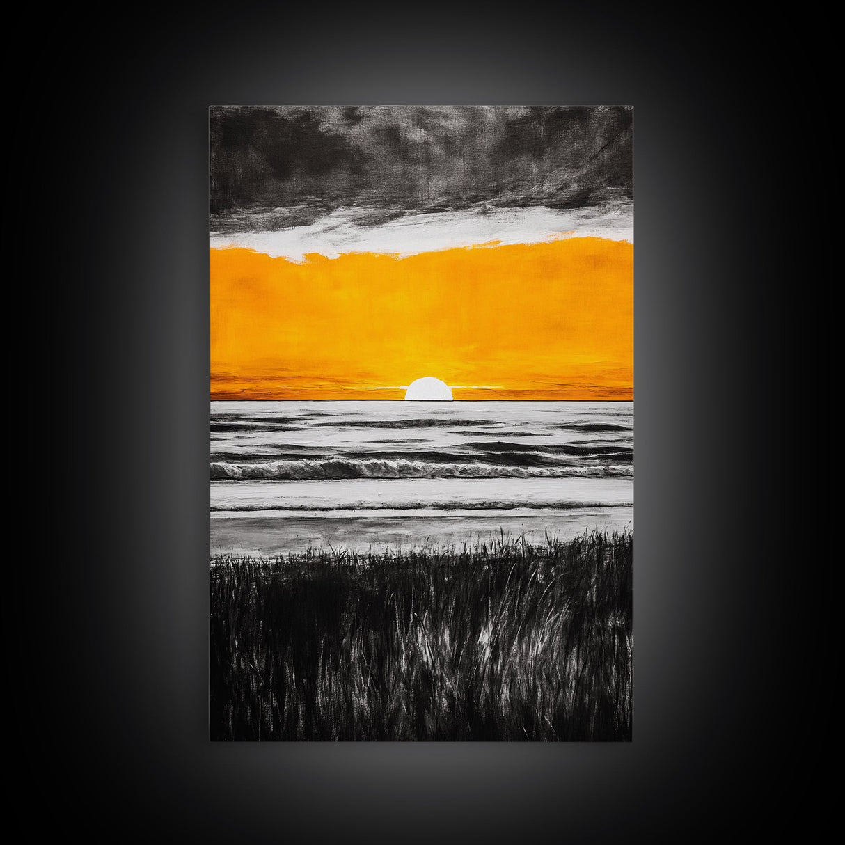 Fiery Sunset, Dramatic Sky, Ocean Scene, Framed Canvas Print, Fall Wall Art, Large Beach Painting, Contemporary Art, Sunset Horizon