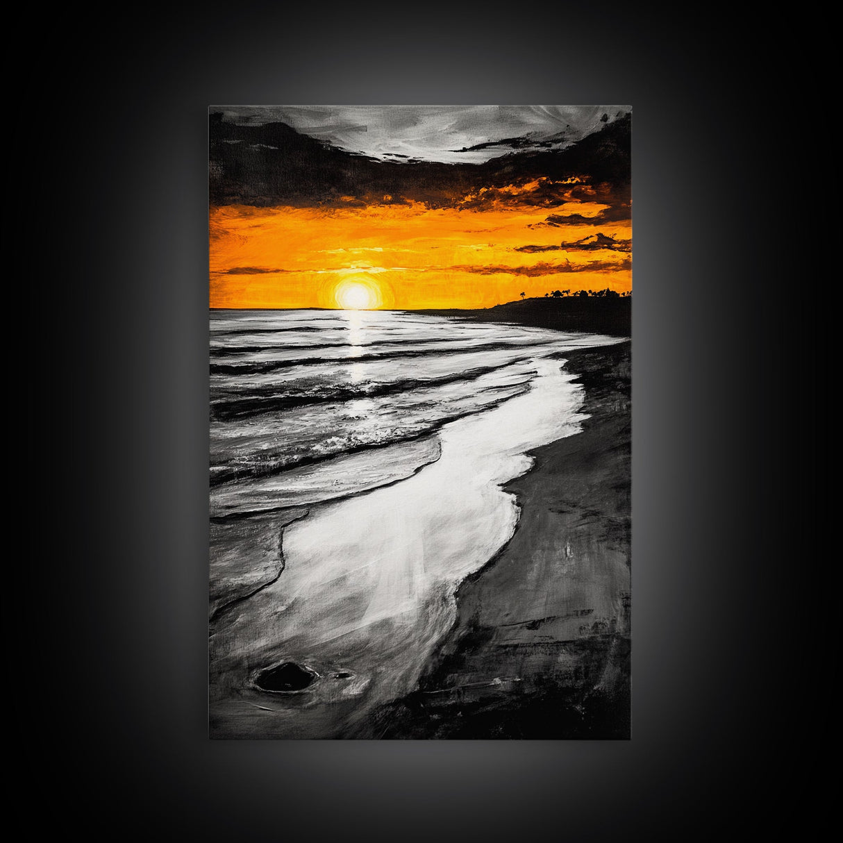 Golden Beach, Sunset Painting, Coastal Horizon, Framed Canvas Print, Seascape Art, Warm Fall Colors, Large Wall Art, Minimalist Style