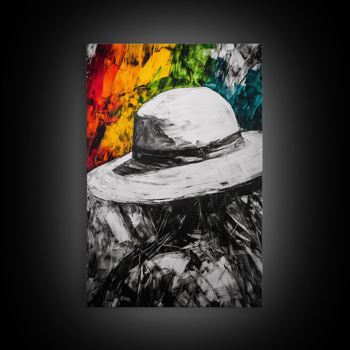 White Hat, Western Art, Framed Canvas Print, Southwestern Decor, Rustic Wall Art, Colorful Abstract Art, Boho Living Room Art
