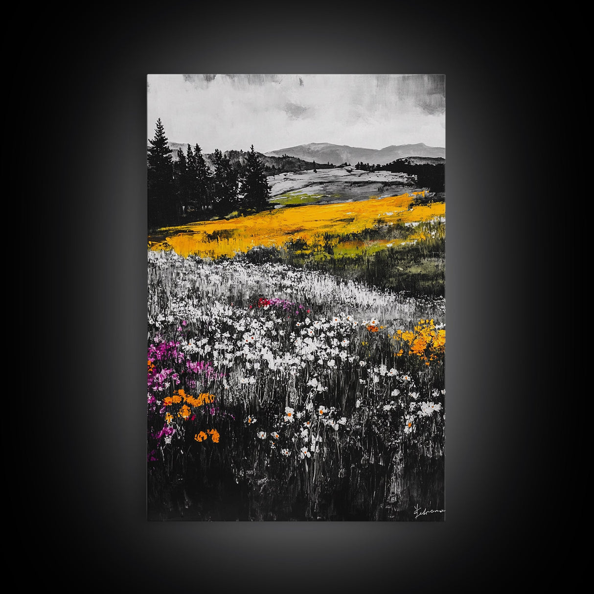 Wildflower Meadow, Mountain Art, Framed Canvas Print, Nature Wall Art, Vibrant Floral Painting, Spring Landscape Art, Living Room Decor
