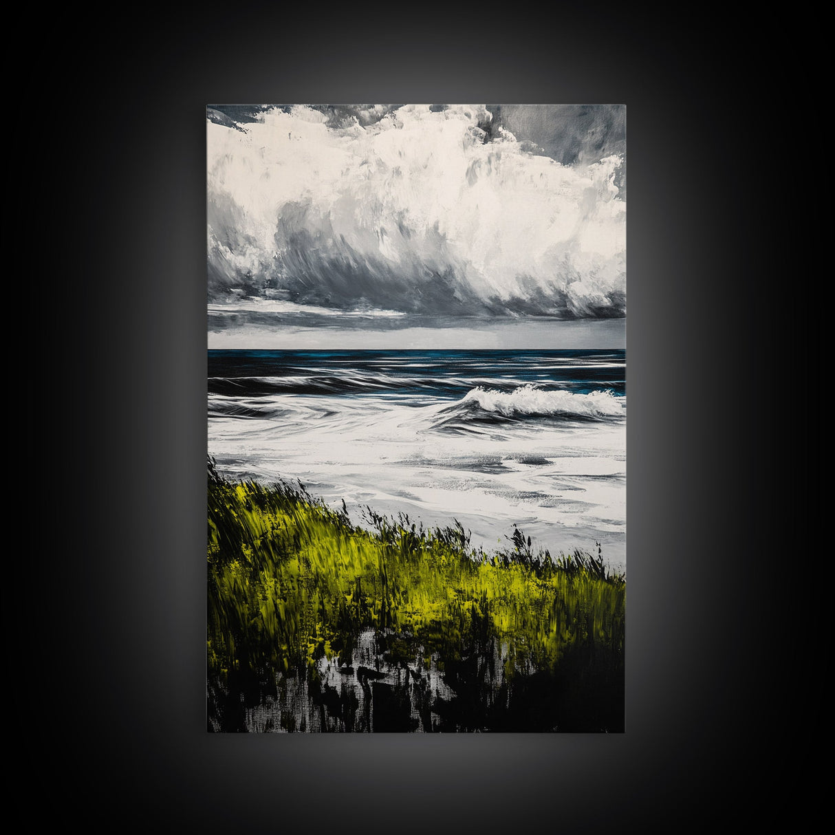 Ocean Waves, Storm Clouds, Coastal Drama, Seascape Wall Art, Framed Canvas Print, Modern Home Decor, Blue Gray Tones, Beach Aesthetic
