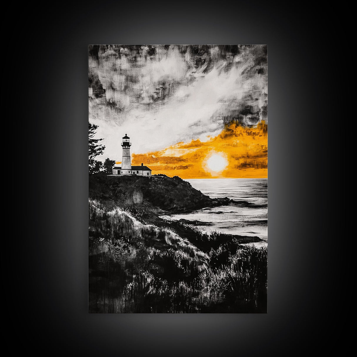 Lighthouse Sunset, Nautical Wall Art, Coastal Painting, Canvas Print, Orange and Black Artwork, Ocean Home Decor, Beach House Design