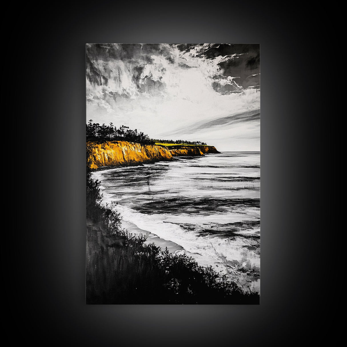 Golden Cliffs, Ocean Landscape, Beach House Wall Art, Canvas Print, Coastal Scene, Black and White Painting, Sunset Inspired Decor