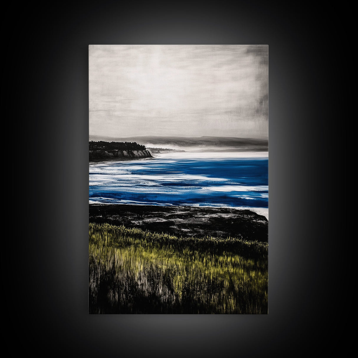 Misty Coast, Cliffside View, Ocean Horizon, Framed Canvas Print, Coastal Home Decor, Nautical Painting, Minimalist Wall Art