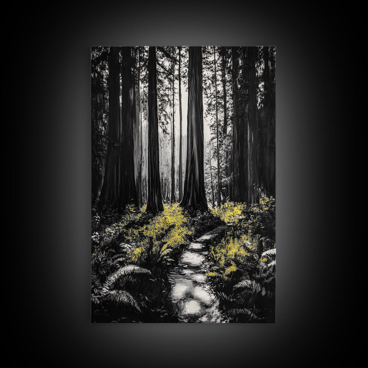 Redwood Forest, Tall Trees, Nature Path, Canvas Print, Moody Wall Art, Black and White Painting, Rustic Home Decor, Cabin Artwork
