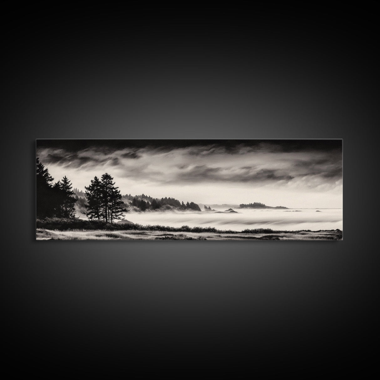 Misty Forest, Black and White Landscape, Minimalist Art, Large Wall Decor, Living Room Wall Art, Framed Canvas Print, Rustic Home Decor