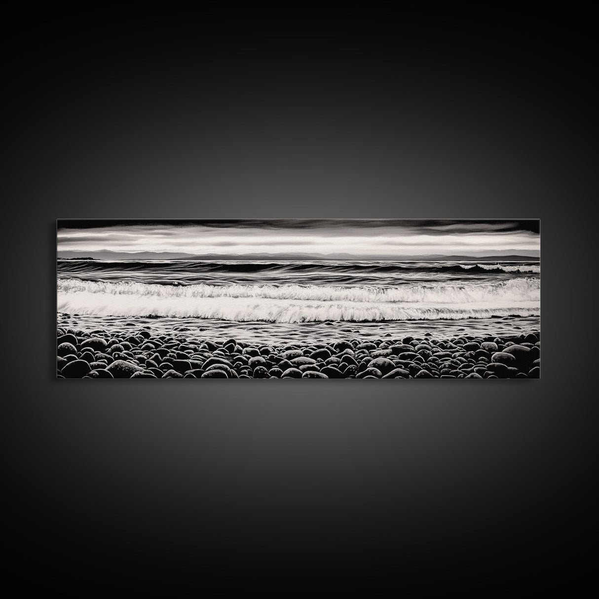 Black and White, Pebble Beach, Monochrome Ocean Art, Coastal Canvas Print, Minimalist Wall Art, Living Room Decor, Framed Canvas Print