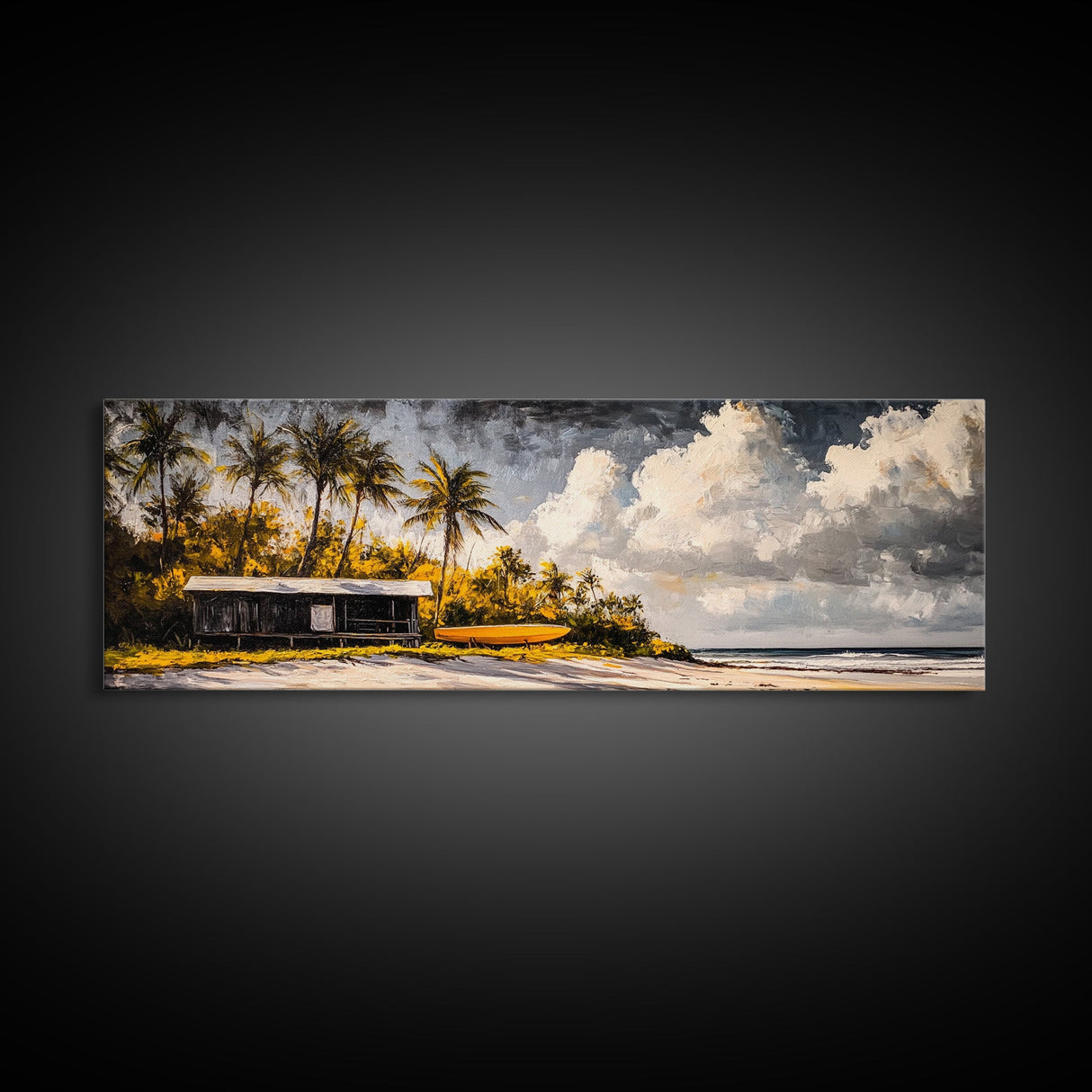Secluded Beach Cabin, Tropical Landscape Painting, Oceanfront Bungalow Art, Coastal Wall Decor, Vacation Home Canvas Print, Framed Canvas Print