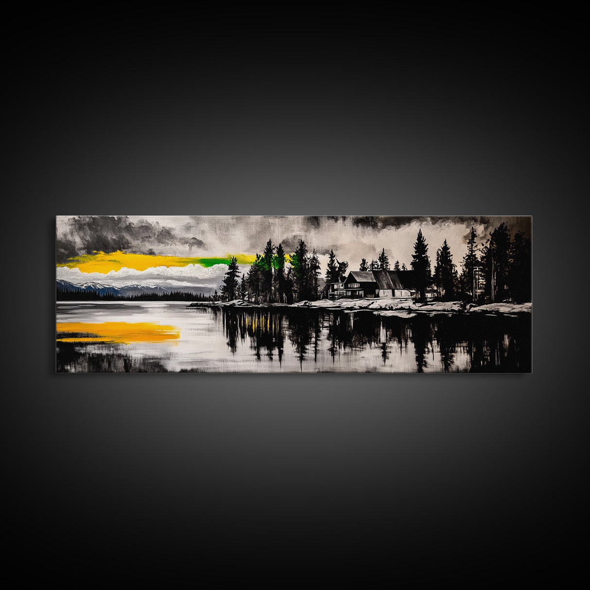 Lake House Painting, Reflection Water Art, Cabin Retreat Wall Decor, Tranquil Nature Print, Mountain Sunset, Canvas Print