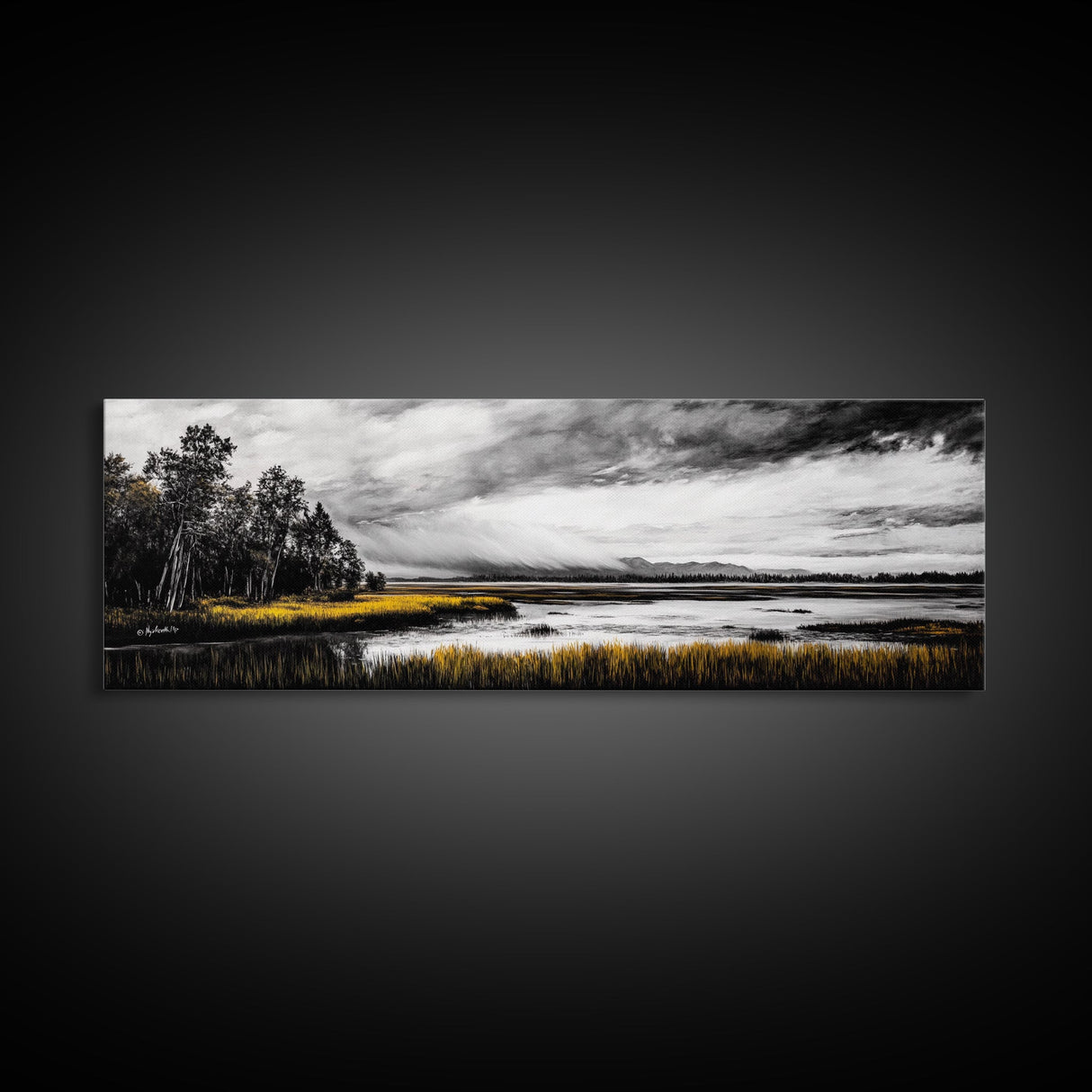 Stormy Marsh, Moody Landscape, Black and White Nature Art, Rustic Home Decor, Framed Canvas Print, Cabin Wall Art, Fall Decor, Dramatic Scene