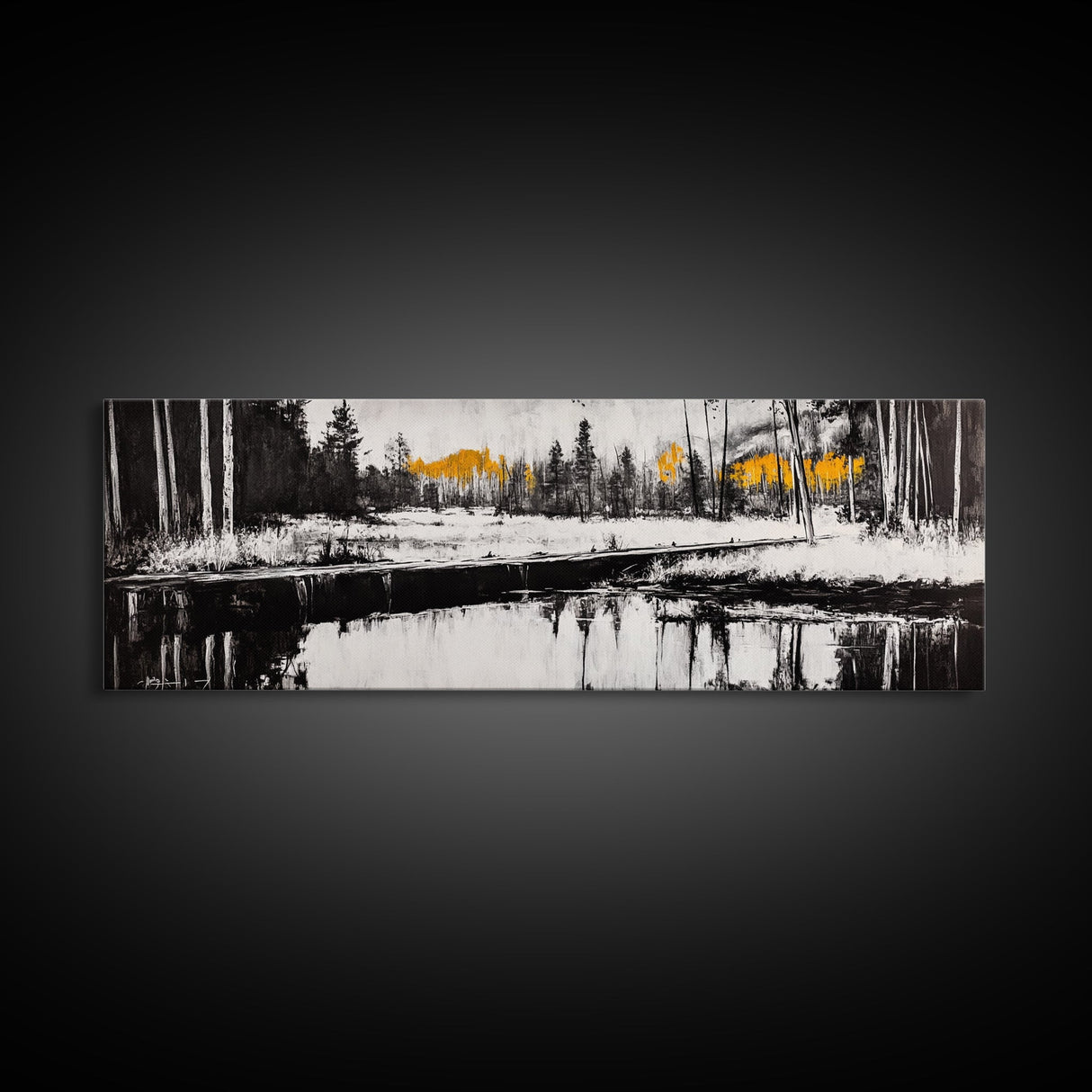 Forest Reflection, Wooden Bridge, Still Water, Black and White, Framed Canvas Print, Minimalist Wall Art, Living Room Art, Nature Decor