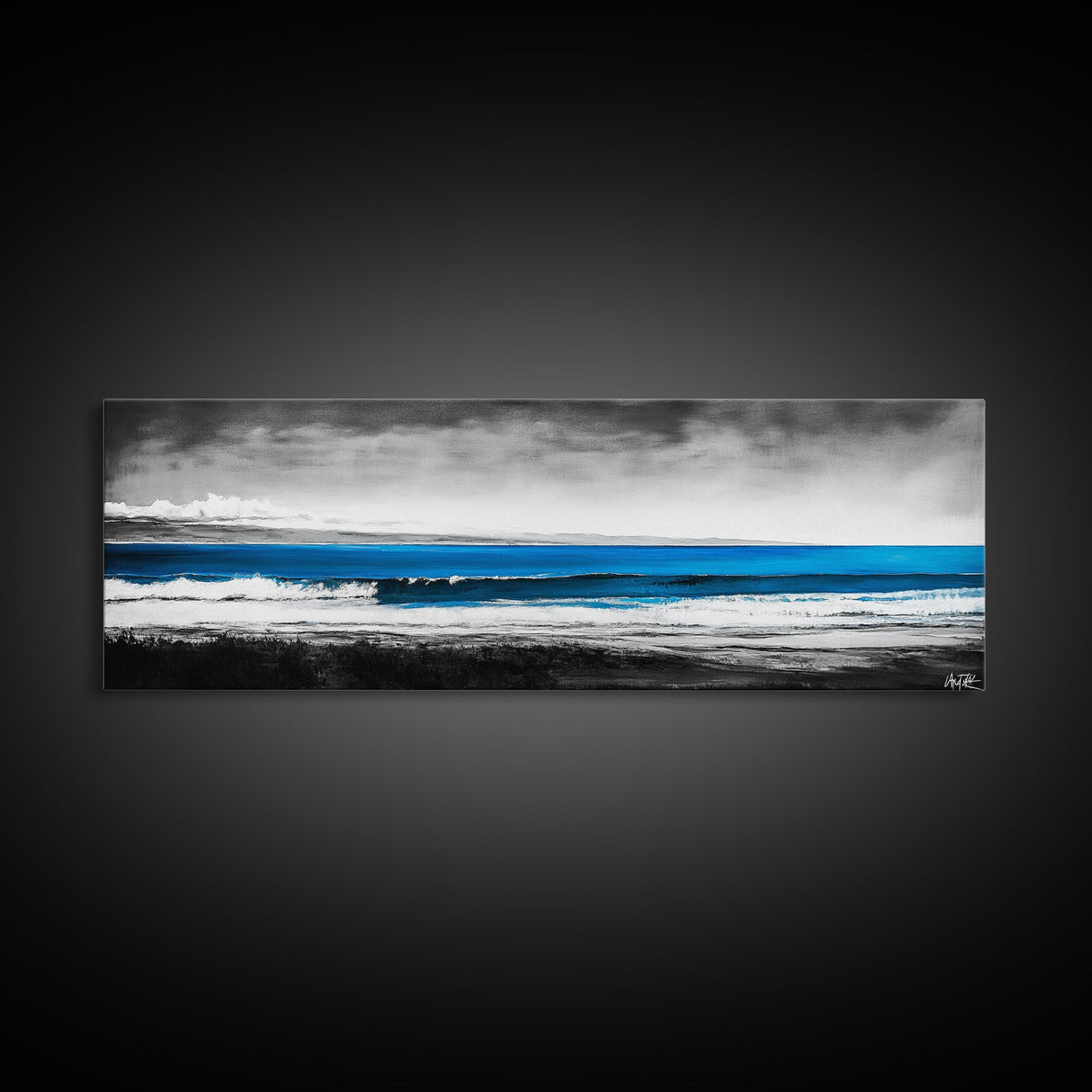 Tranquil Beach, Ocean Horizon, Black and White Art, Coastal Landscape, Framed Canvas Print, Modern Home Decor, Office Wall Art