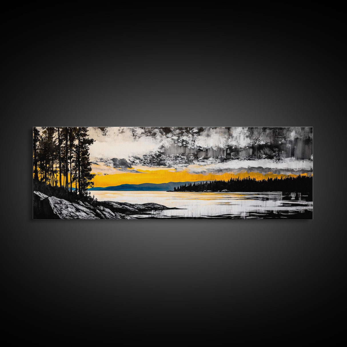 Sunset Reflection, Golden Lake, Nature Art, Framed Canvas Print, Modern Landscape, Large Wall Art, Living Room Decor, Rustic Style