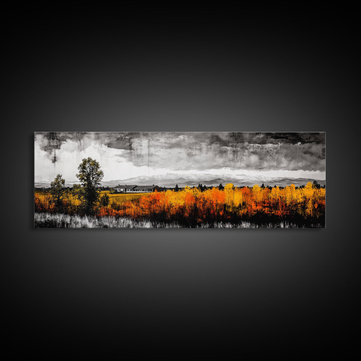 Autumn Landscape, Rustic Cabin Art, Mountain View, Fall Trees, Country Home, Black and White, Living Room Decor, Framed Canvas Print