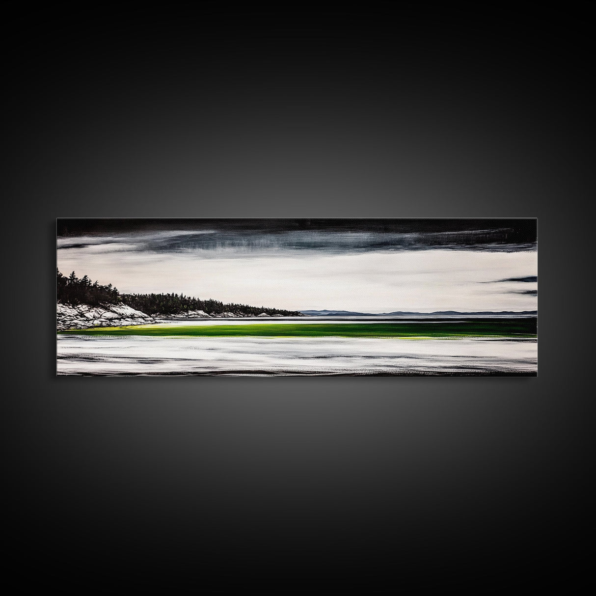 Serene Lake, Monochrome Water Art, Minimalist Nature, Dramatic Sky, Green Accent, Modern Home Wall Decor, Framed Canvas Print