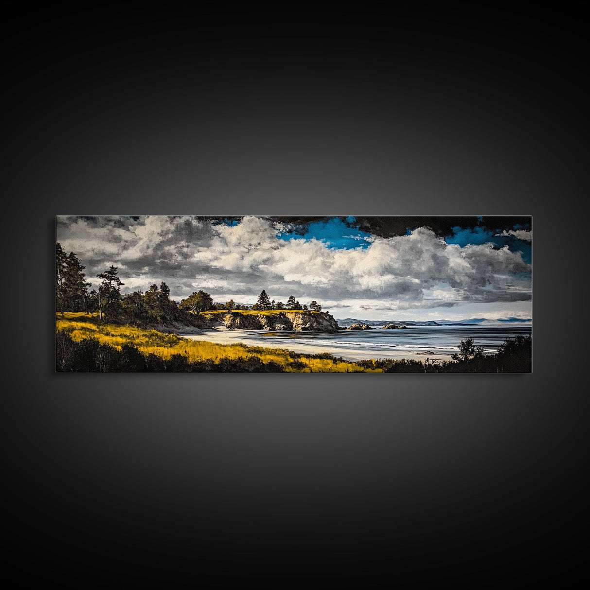 Dramatic Beach, Blue Sky, Coastal Landscape Art, Canvas Print, Modern Nature Decor, Living Room Artwork, Large Scenic Wall Art