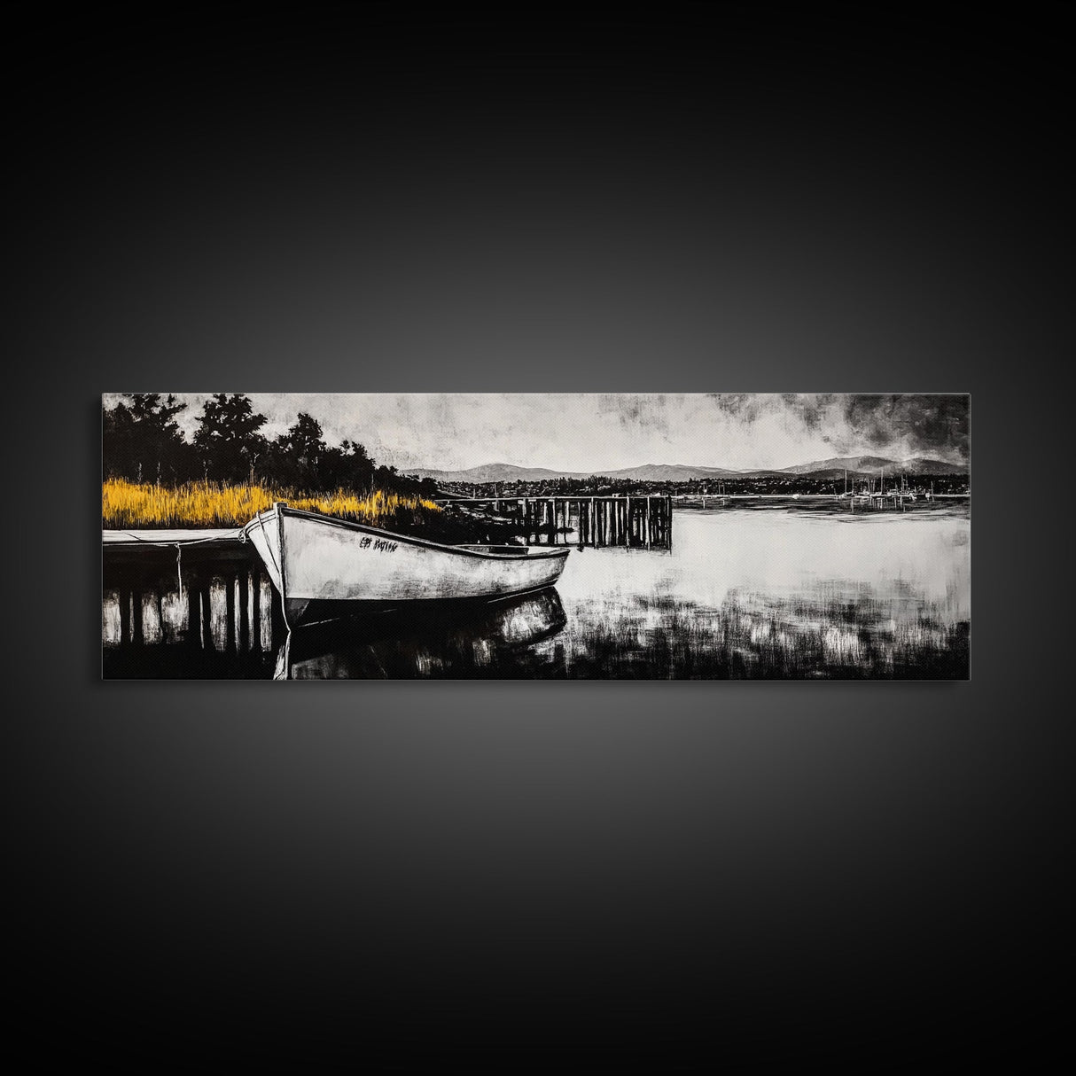 Rustic Boat, Black and White, Nautical Wall Art, Coastal Home Decor, Lake House Art, Large Wall Art, Framed Canvas Print, Living Room Art