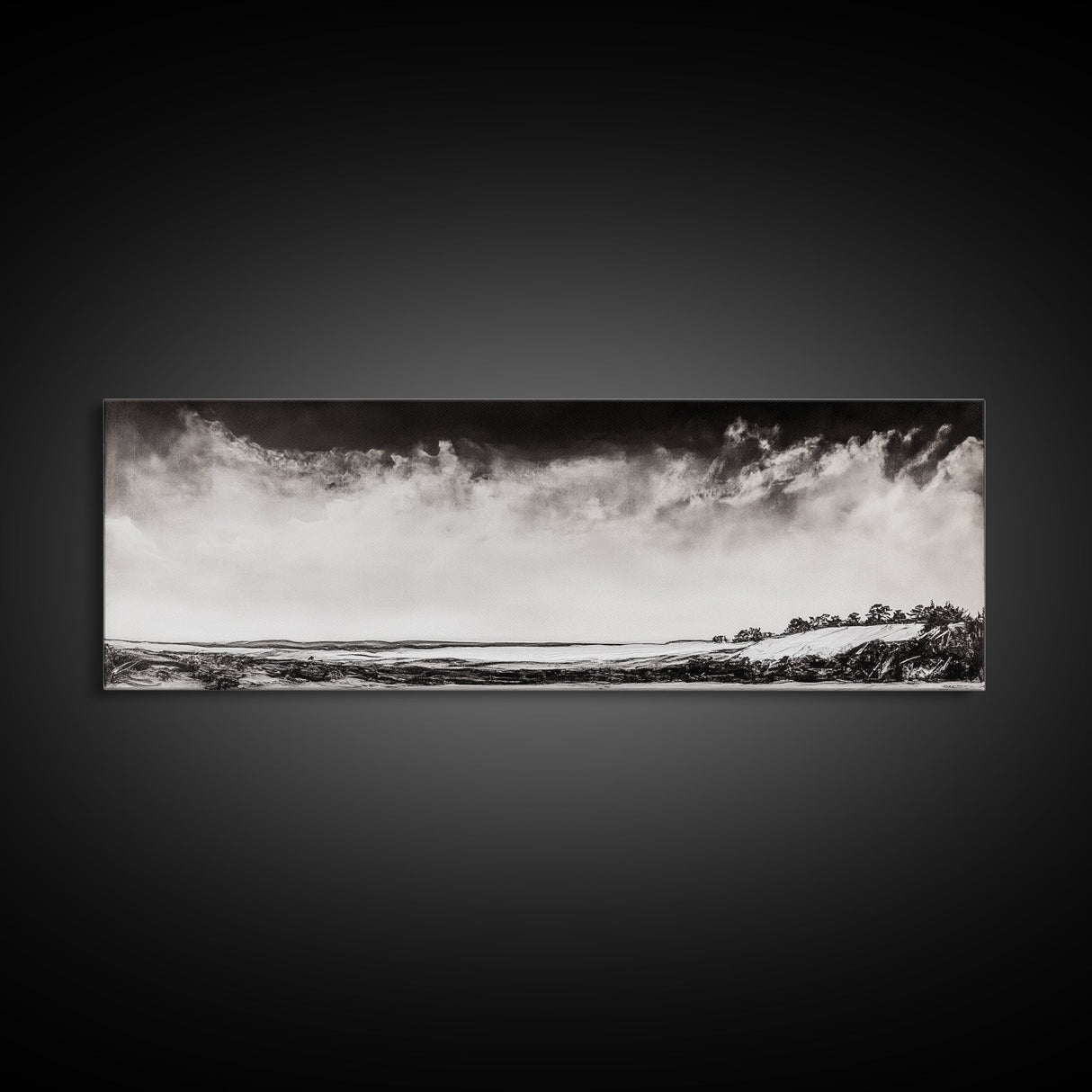 Minimalist Landscape, Black and White Art, Cloudy Sky, Framed Canvas Print, Modern Wall Art, Neutral Home Decor, Monochrome Landscape