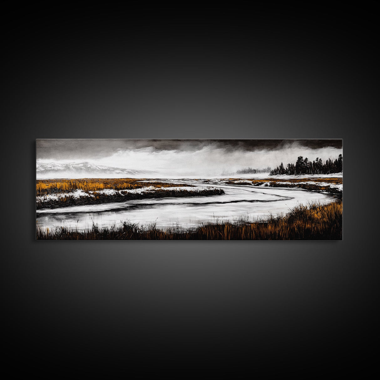 Snowy River Artwork, Mountain Landscape Painting, Rustic Winter Decor, Black and White Wall Art, Nature Print, Living Room Art, Canvas Print