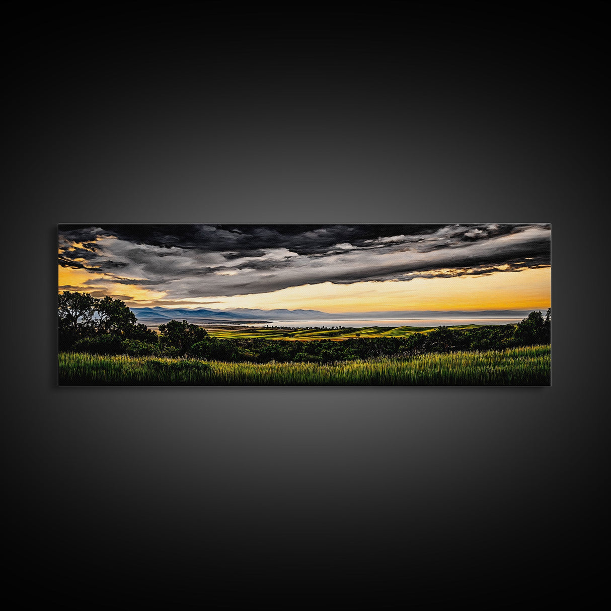 Golden Field, Sunset Overlook, Nature Landscape, Framed Canvas Print, Dramatic Sky, Rolling Hills, Rustic Farmhouse Decor, Large Wall Art