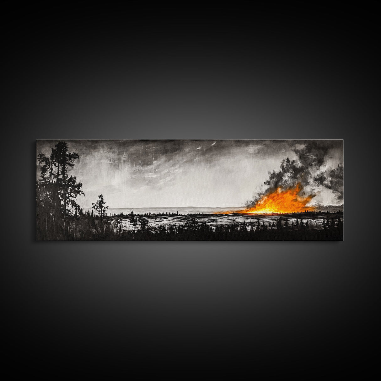 Wildfire Horizon, Dramatic Nature Art, Wilderness Wall Decor, Canvas Print, Black and White Art, Abstract Fire Painting, Rustic Home Art