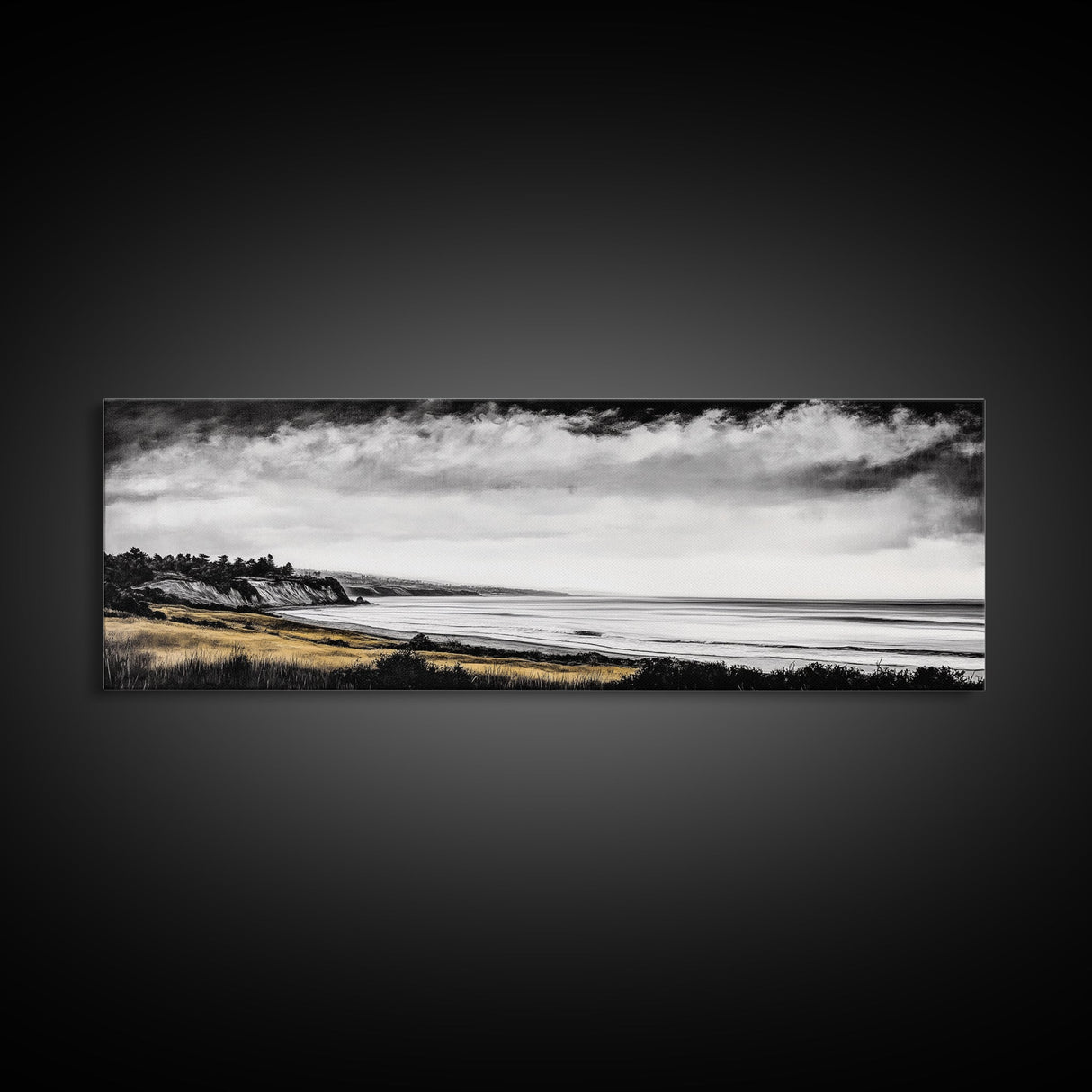 lack White Coast, Stormy Ocean, Dramatic Sky, Framed Canvas Print, Minimalist Seascape, Monochrome Wall Art, Office Decor, Bedroom Accent