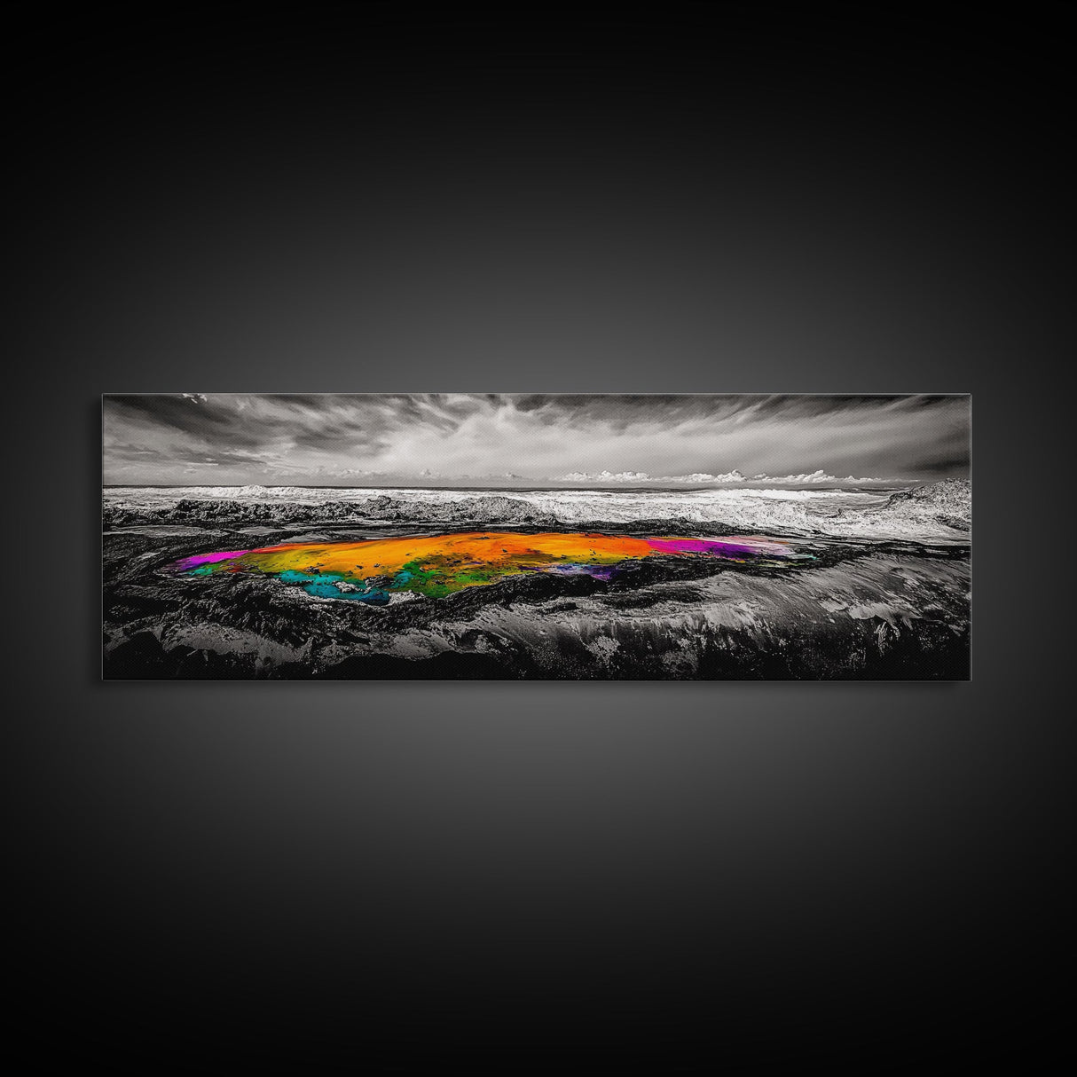 Vibrant Ocean Rock, Colorful Pool, Dramatic Sky, Canvas Print, Abstract Seascape, Modern Wall Art, Unique Art Piece, Living Room Decor