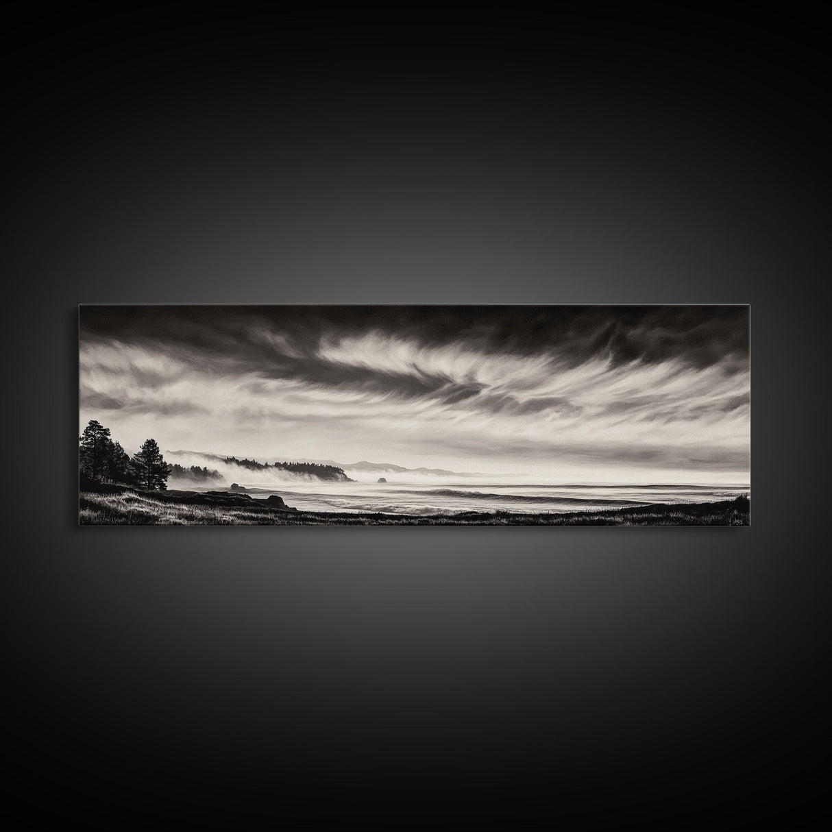 Ocean Waves, Stormy Sky, Dramatic Clouds, Canvas Print, Black and White Landscape, Coastal Wall Art, Living Room Decor, Minimalist Painting