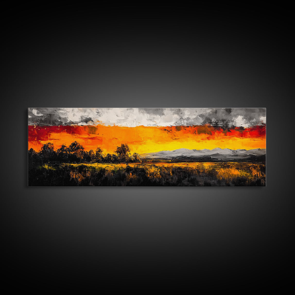 Fiery Sunset Painting, Autumn Sky Artwork, Warm Nature Landscape, Bold Fall Wall Decor, Rustic Cabin Art, Framed Canvas Print