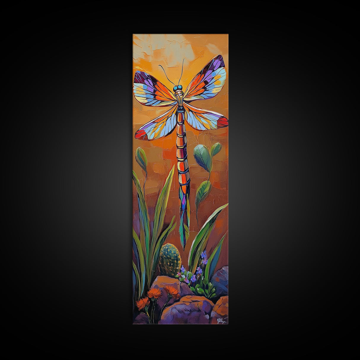 Dragonfly Wings, Garden Sunset, Whimsical insect decor Canvas Print, vibrant boho nature wall art, entryway statement piece