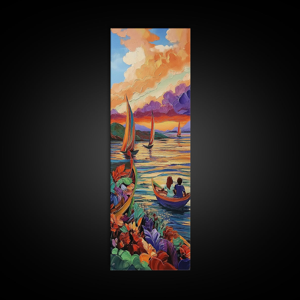 Boats Sunset, Romance Adventure, Canvas Print vibrant sailboats at sunset painting, romantic couple art, nautical wall decor, boho accent
