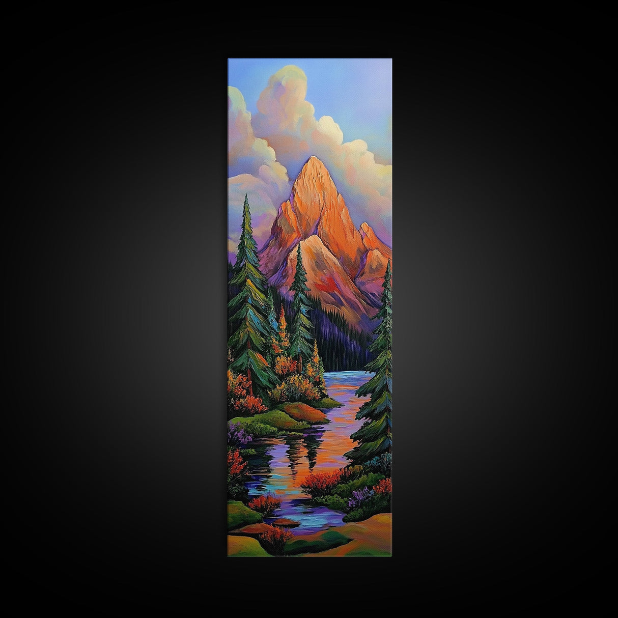 Mountain Pines, Autumn Stream, Framed Canvas Print vibrant alpine landscape painting, autumn trees and lake reflection, rustic lodge wall decor