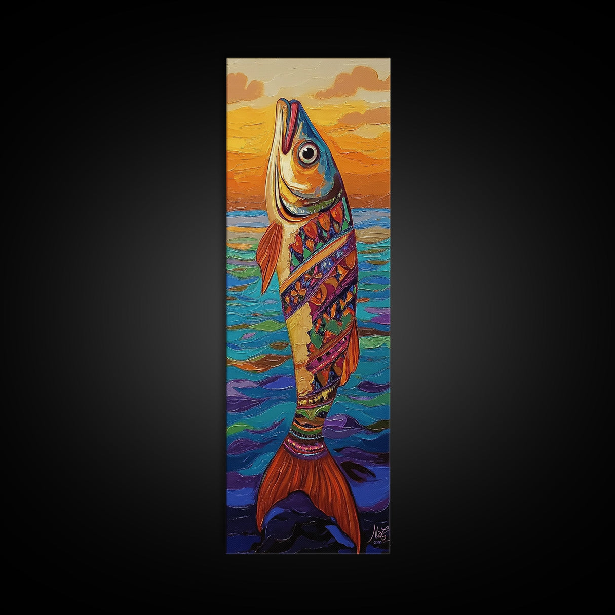 Tribal Fish, Ocean Sunset, Nautical Folk Art, Framed Canvas Print, coastal kitchen decor, whimsical ocean creature, colorful boho wall art