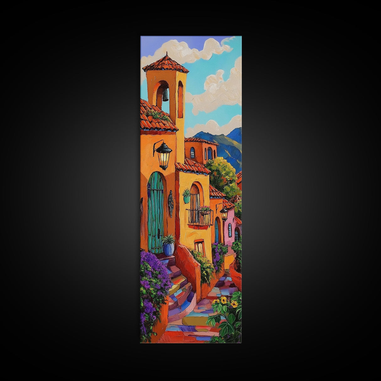 Village Steps, Warm Colors, Terracotta Homes, Canvas Print, vibrant street view painting, boho rustic style, hallway or kitchen wall art