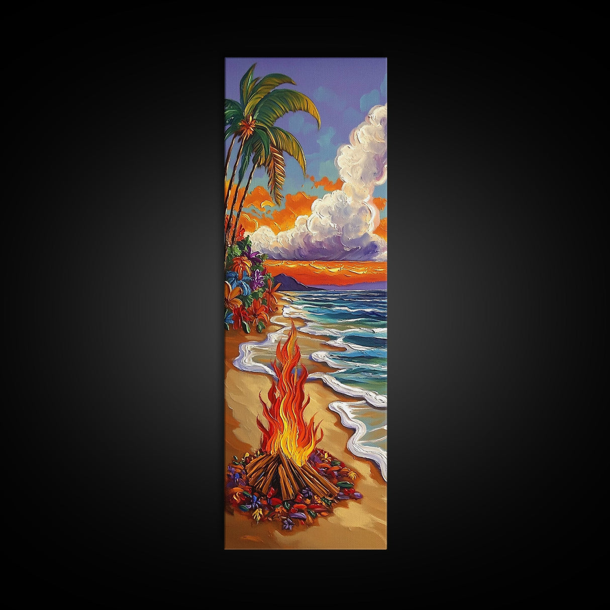 Beach Bonfire, Tropical Sunset, Palm Trees, Framed Canvas Print, coastal beach wall art, summer living room or patio decor, boho ocean vibe