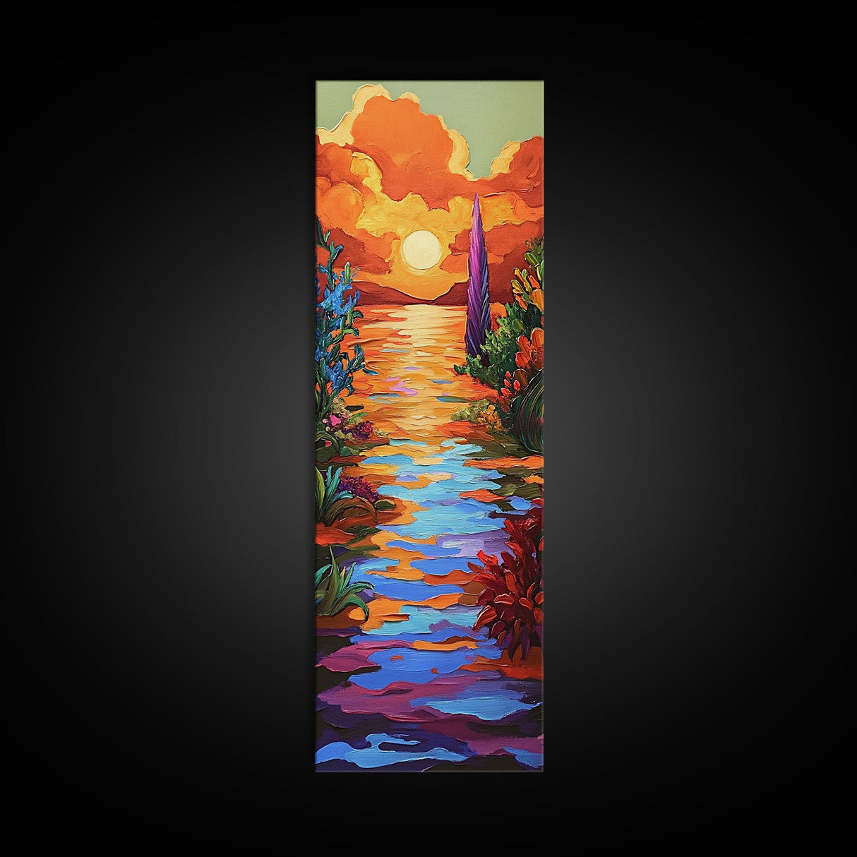 Sunset, Vibrant, Tropical, Sky - Framed Canvas Print, Colorful Beach Wall Art, Bold Living Room Decor, Coastal Sunset Summer Vibes Painting