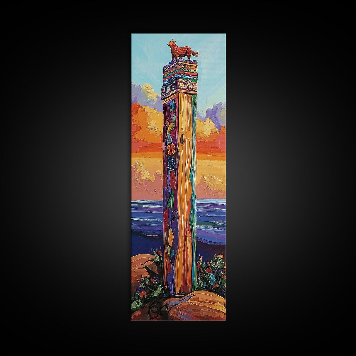 Totem, Ocean, Sunset, Whimsy - Framed Canvas Print, Coastal Totem Wall Art, Whimsical Beach House Decor, Colorful Folk Art Living Room Style