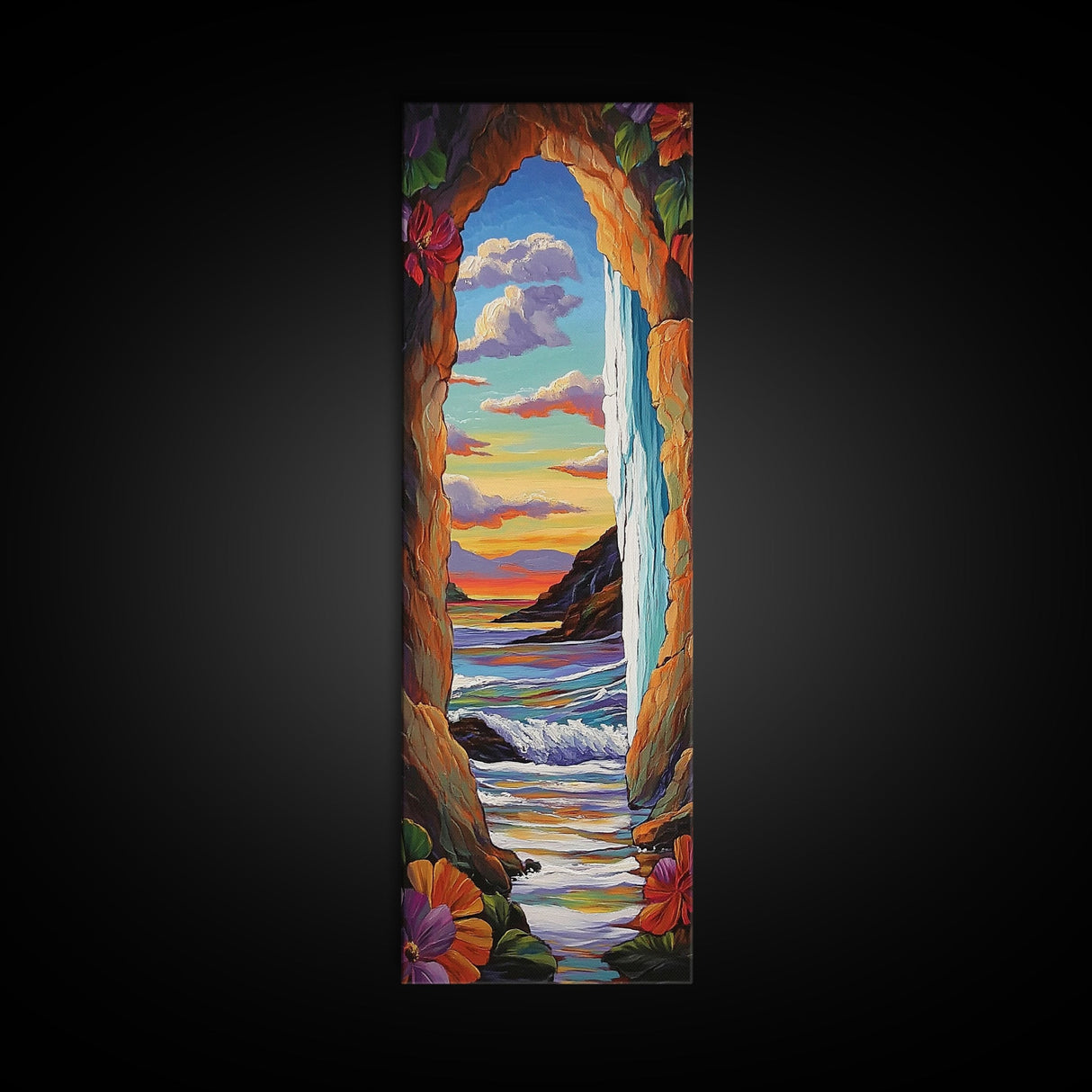 Ocean, Sunset, Archway, View, Framed Canvas Print, Coastal wall decor, tropical beach art, vibrant living room painting, boho landscape style