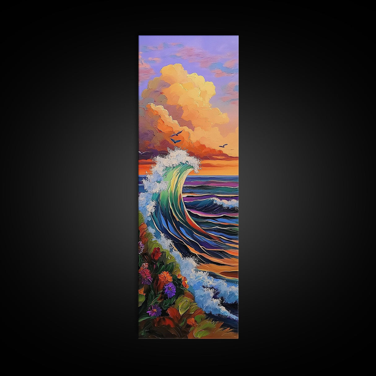 Wave, Sunset, Surf, Ocean, Canvas Print, dramatic wave crashing painting, sunset surf wall art, vibrant beach decor, surf shack canvas
