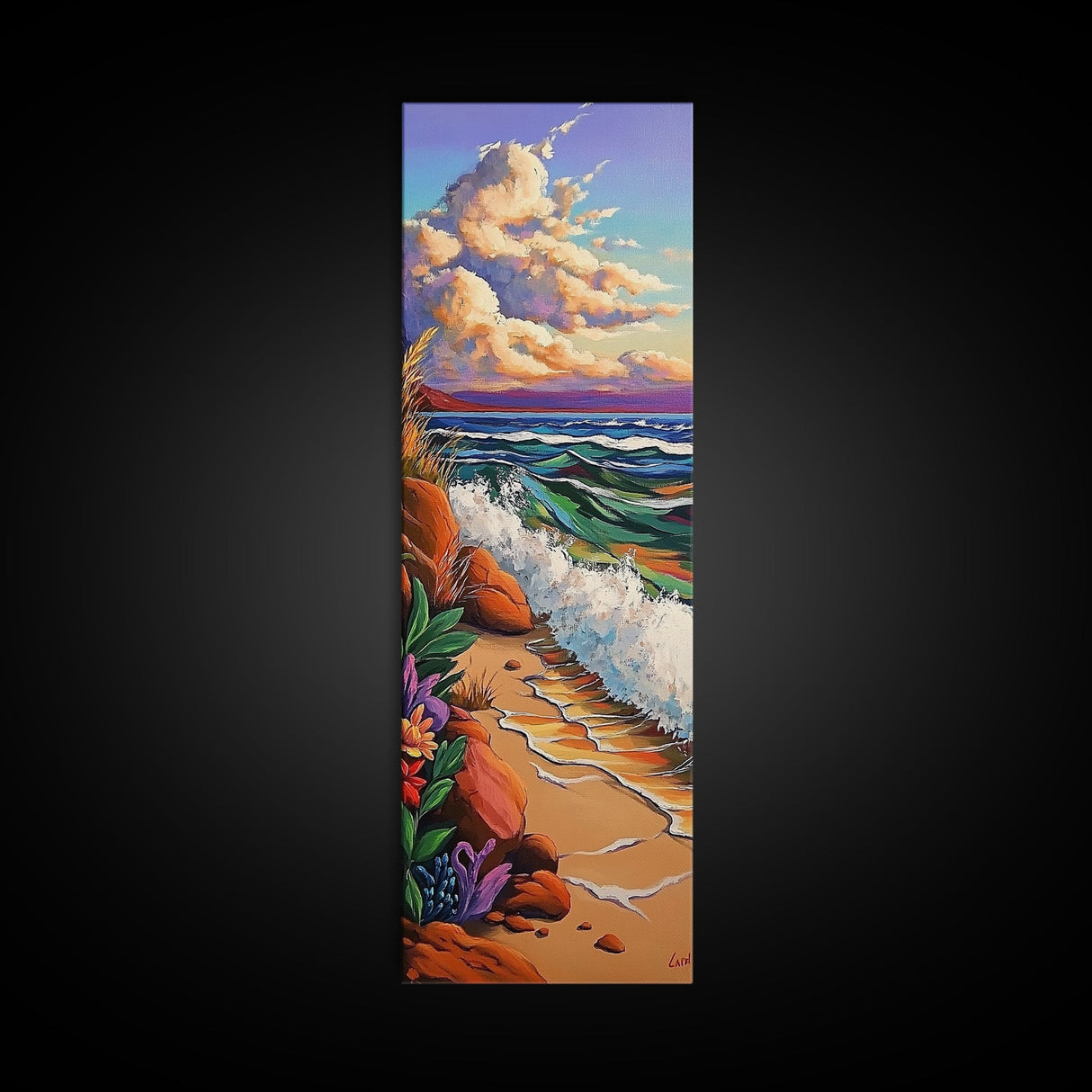 Coastal Flowers, Waves Sunset, Framed Canvas Print, Beach Art, Seaside Wall Decor, Tropical Artwork, Living Room Coastal Decor, Ocean Art