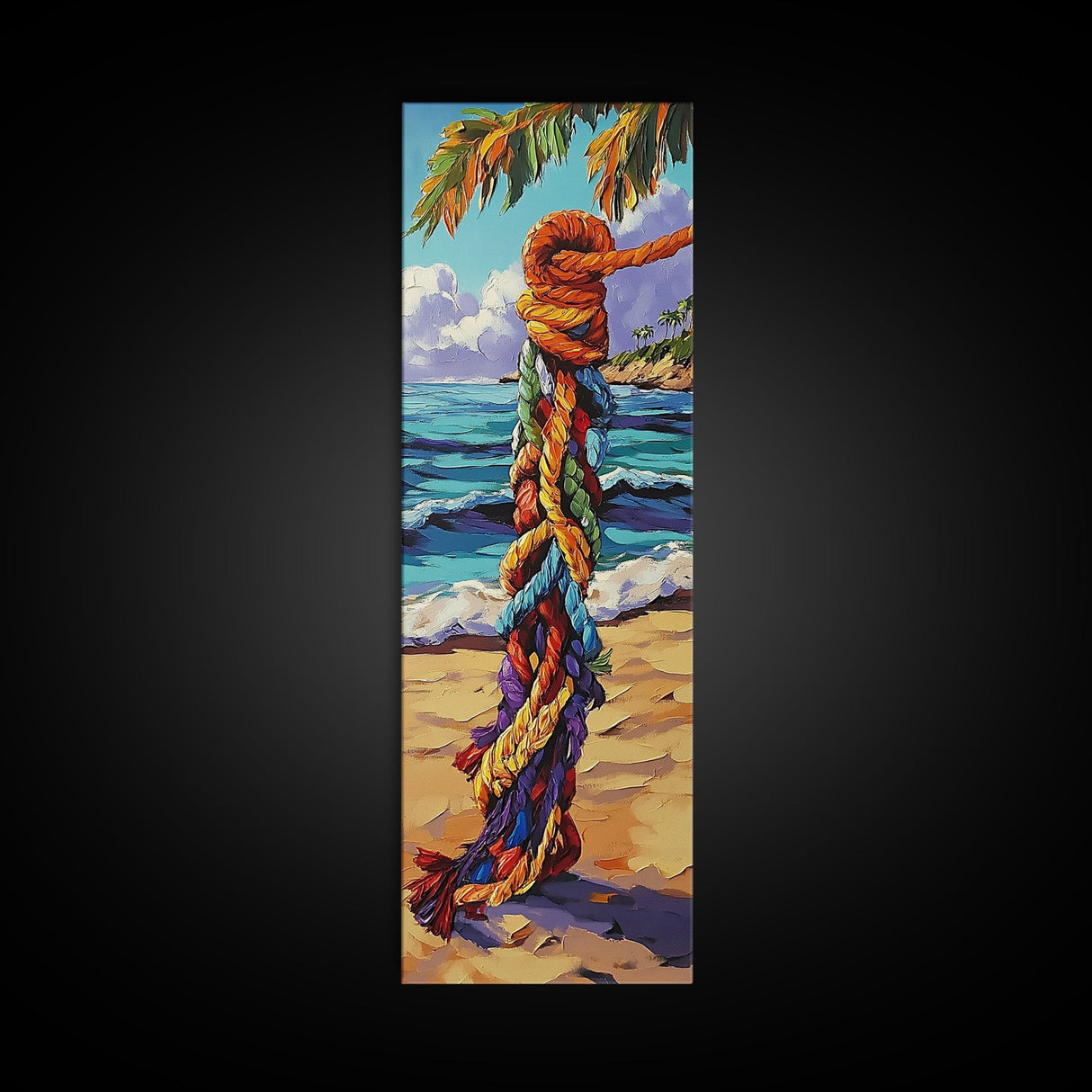 Beach, Rope, Colorful, Tropical, Framed Canvas Print, Nautical Wall Art, Coastal Boho Decor, Beach House Accent, Bright Living Room Art